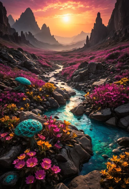 Envision an intricately detailed alien landscape that captivates the imagination with its complexity and beauty. The terrain is a stunning mosaic of vibrant colors and unusual formations, featuring towering spires of crystalline rock that jut dramatically into a sky filled with swirling galaxies and distant stars. The ground is covered in a patchwork of bioluminescent plants, each emitting a soft glow in shades of teal, magenta, and gold, creating a mesmerizing light show as the sun sets.
Rivers of liquid light wind through the landscape, reflecting the colors of the flora and creating a shimmering effect. In the distance, massive, floating islands hover above the ground, connected by delicate bridges of glowing energy that pulse with life. Strange, intricate patterns are etched into the surfaces of rocks and plants, hinting at the presence of an ancient civilization that once thrived in this extraordinary environment.
Throughout the landscape, alien creatures roam, each uniquely adapted to their surroundings. Some are small and agile, darting between the bioluminescent plants, while others are larger, with intricate, ornate features that blend seamlessly with the environment.
zavy-cnmtc zavy-rmlght low-key