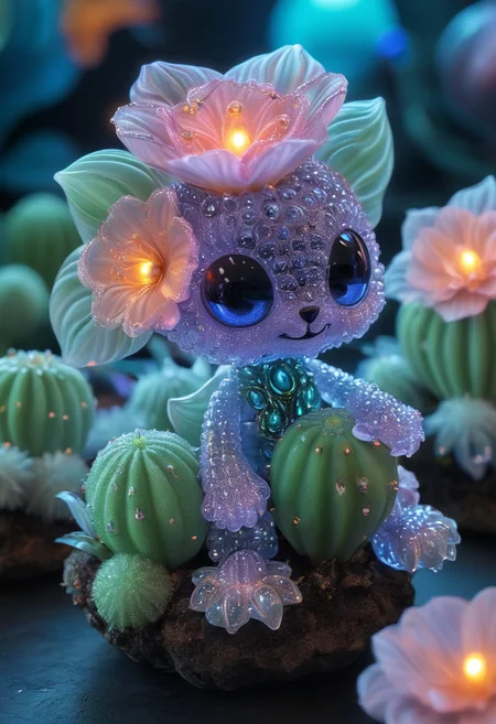 reality-shot, realism, realistic photography of a cute alien lifeform covered with cactus, pirate bay, intricate details, ultra sharp, goa, psychodelic, glowing neon, blacklight ornaments <lora:TQCrytalFlower:1> crystal flower