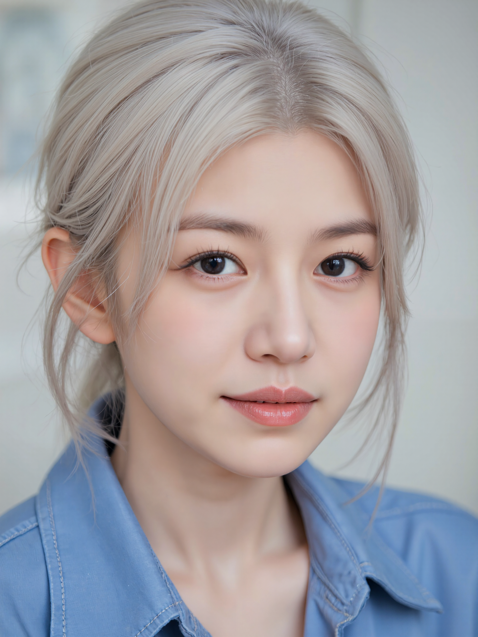 a woman, white hair, blue shirt, light smile, portrait, blurred background