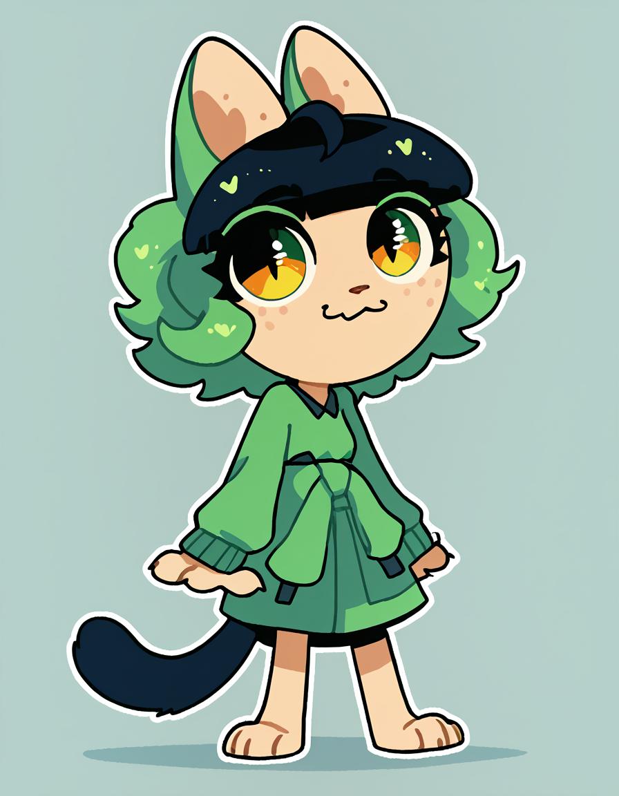 solo, 1girl, 
 <lora:Sourpuss:1>  sourpuss, freckles, green hair, two tone hair, multicolored hair, animal ears, cat ears, cat tail, tail, chibi,              clothes around waist, barefoot, green hoodie around waist,, score_9, score_8_up, score_7_up, score_6_up, score_5_up, score_4_up,  lazypos, lazyup, masterpiece,best quality,amazing quality,, <lora:The-Minuscule-Task_PDXL_v1.0:0.6> <lora:PDXL_artist_tags_v2_big:0.5> by remanedur,<lora:JayrnskiStyle:1> JayrnskiStyle, source_furry, toony, outline, white outline,