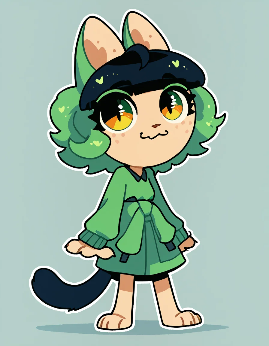 solo, 1girl, 
 <lora:Sourpuss:1>  sourpuss, freckles, green hair, two tone hair, multicolored hair, animal ears, cat ears, cat tail, tail, chibi,              clothes around waist, barefoot, green hoodie around waist,, score_9, score_8_up, score_7_up, score_6_up, score_5_up, score_4_up,  lazypos, lazyup, masterpiece,best quality,amazing quality,, <lora:The-Minuscule-Task_PDXL_v1.0:0.6> <lora:PDXL_artist_tags_v2_big:0.5> by remanedur,<lora:JayrnskiStyle:1> JayrnskiStyle, source_furry, toony, outline, white outline,