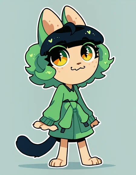 solo, 1girl,
<lora:Sourpuss:1> sourpuss, freckles, green hair, two tone hair, multicolored hair, animal ears, cat ears, cat tail, tail, chibi, clothes around waist, barefoot, green hoodie around waist,, score_9, score_8_up, score_7_up, score_6_up, score_5_up, score_4_up, lazypos, lazyup, masterpiece,best quality,amazing quality,, <lora:The-Minuscule-Task_PDXL_v1.0:0.6> <lora:PDXL_artist_tags_v2_big:0.5> by remanedur,<lora:JayrnskiStyle:1> JayrnskiStyle, source_furry, toony, outline, white outline,