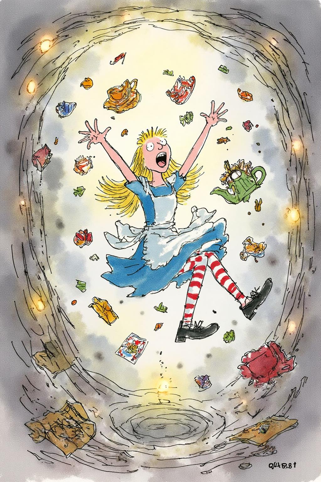 qub1 illustration.
Overhead view of Alice in Wonderland falling into the rabbit hole, with her legs dangling beneath her. She is looking upward, her face filled with shock and terror as she screams. Her blue dress and white apron billow out around her as she tumbles, while her striped stockings and black shoes are visible below. The rabbit hole is a swirling, chaotic mix of vibrant colors, playing cards, teacups, and other Wonderland objects floating around her. Soft glowing light emanates from the tunnel walls, adding an eerie, fantastical feel to the scene. The sense of motion and fear is palpable as Alice falls deeper into the unknown. <lora:qub1_cap_d6a3e12:1.0><lora:826962087311041037:0>