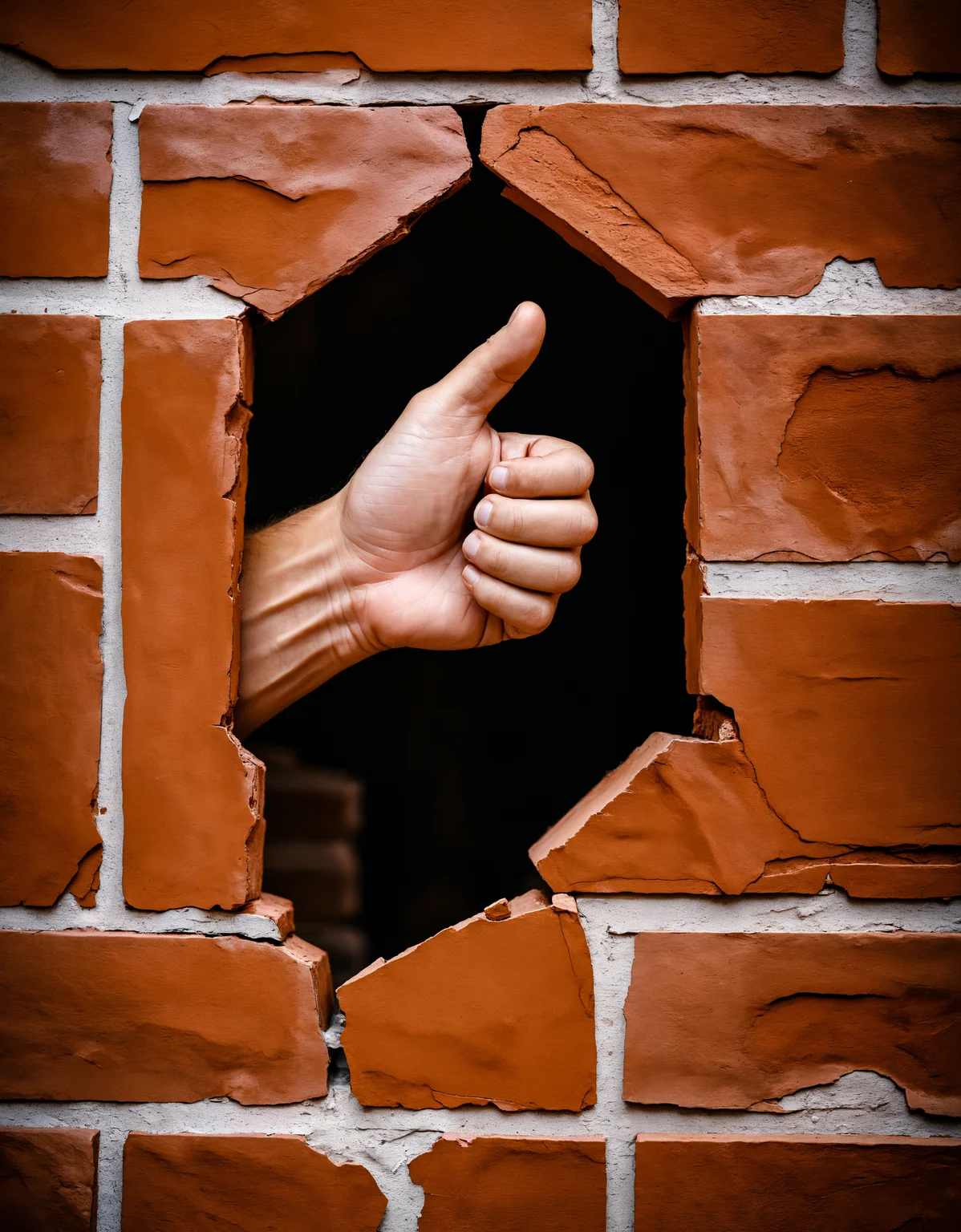 zavy-hlbckdrp, macro shot of a fist bursting through a brick wall, 100mm f/2.8 macro lens,