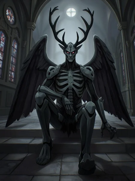<lora:ck-LttleGhost-000011.safetensors:1> in the style of ck-lttlegh0stAn armored humanoid with exposed skeletal remains sits calmly in a mystical, misty cathedral. Black and grey metal armor is riddled with holes revealing the figure's bones. Majestic antlers rise from its scalp, while dark wings unfold against its back. The atmosphere is somber and still, punctuated only by filtered light through stained glass windows, casting eerie shadows on the stone floor.