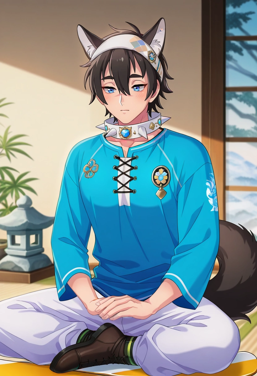 masterpiece, best quality, intricate details, anime screencap, anime coloring, official style, , depth of field, 1boy, solo, male focus, <lora:garu_nu_carnival_ilxl:1>, garu_nu_carnival, black hair, blue eyes, short hair, animal ears, scar, hair between eyes, spiked collar, wolf boy, wolf ears, tail, zen garden, stone lanterns, koi pond, maple trees, meditation pose, tranquil expression, morning, Snowboard pants, Rugby quarter-zip shirt, , Fedora, Hairband