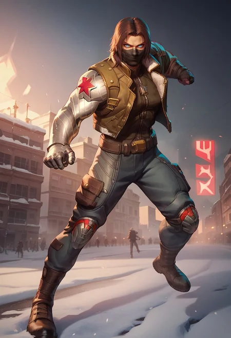 score_9, score_8_up, score_7_up, Winter soldier, dynamic pose, metallic arm, metal arm, jacket, brown hair, face mask, asgard, golden city, outdoors, detailed eyes, intricate face details, bright blue eyes