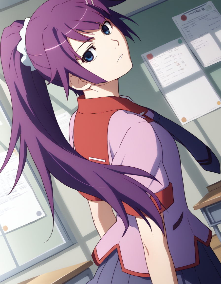 score_9, score_8_up, score_7_up, source_anime,
hitagisenjougahara, <lora:hitagi-senjougahara-anime-ponyxl-lora-nochekaiser:1>,
hitagi senjougahara, long hair, bangs, ponytail, sidelocks, scrunchie, blue eyes, purple hair,
skirt, thighhighs, school uniform, necktie, black thighhighs, zettai ryouiki, naoetsu high school uniform,
indoors, classroom, <lora:shaft-look-ponyxl-lora-nochekaiser:1>, shaft look, looking back, from behind, head tilt,  
ing at viewer, cowboy shot, dutch angle,