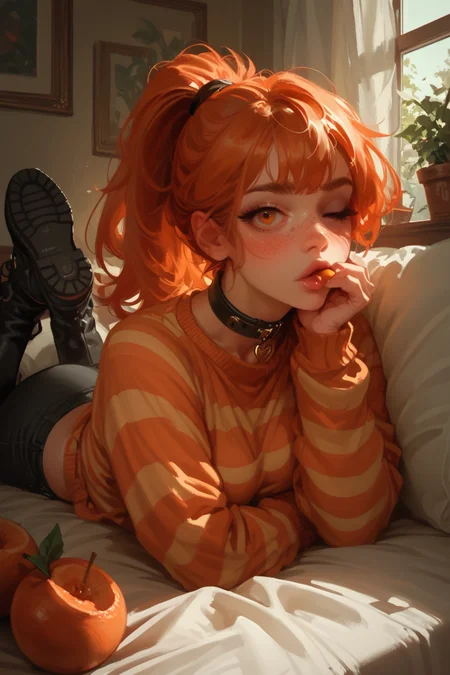 1girl, freckles, blowing kiss, solo, one eye closed, pants, heart, boots, on stomach, indoors, lying, puckered food, looking at viewer, orange \(fruit\), ponytail, striped clothes, orange hair, sweater, black pants, window, the pose, black footwear, breasts, blush, orange eyes, long sleeves, feet up, collar, shirt, medium breasts, curtains, fruit brown eyes, choker,, zPDXL3, detailxl, Score_PnyReal, (lineless:1.5)
