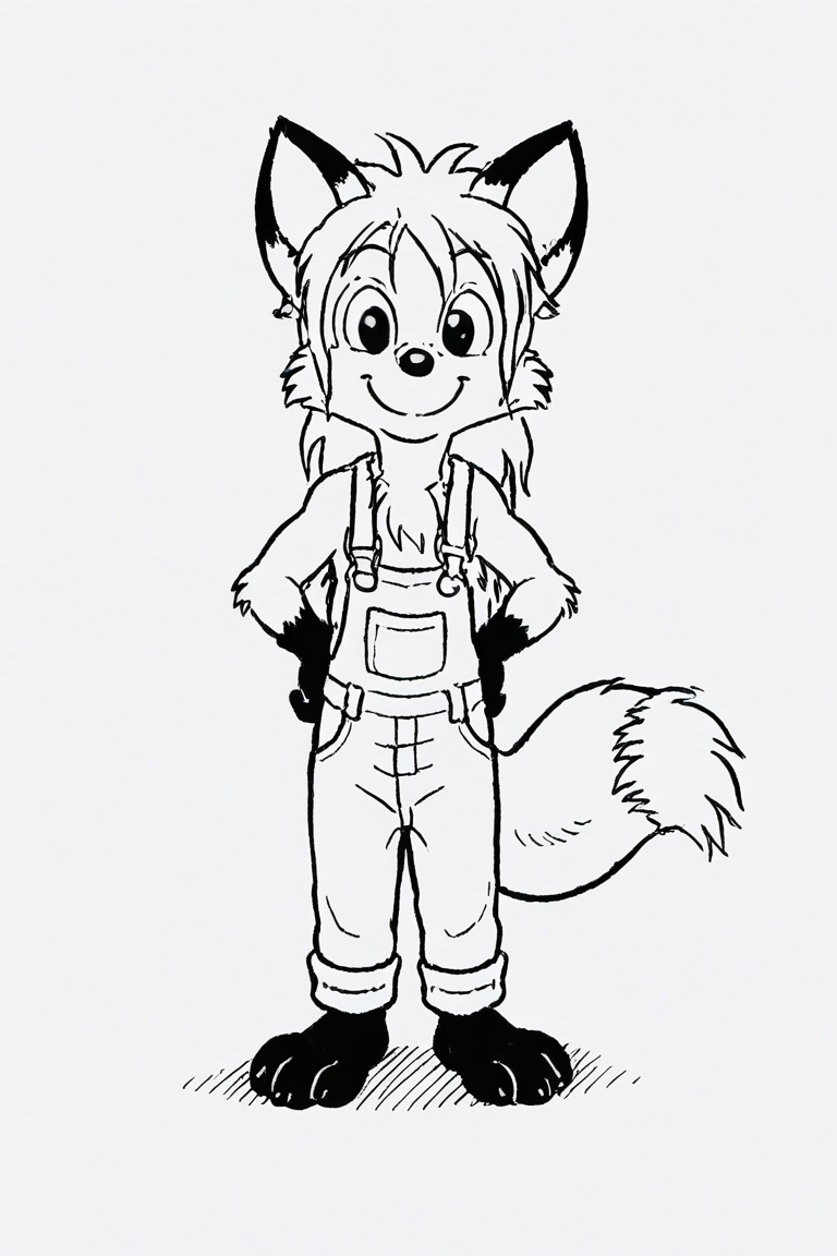 1girl, solo, dwarf, fox, black eyes, suspenders, overalls, spiked tuft, hair tuft, ponytail, big hair, pointy nose, black nose, black paws, black and white, white background,
<lora:Millie_from_Ozy_and_Millie_90_style:0.9>
smiling, standing, happy,