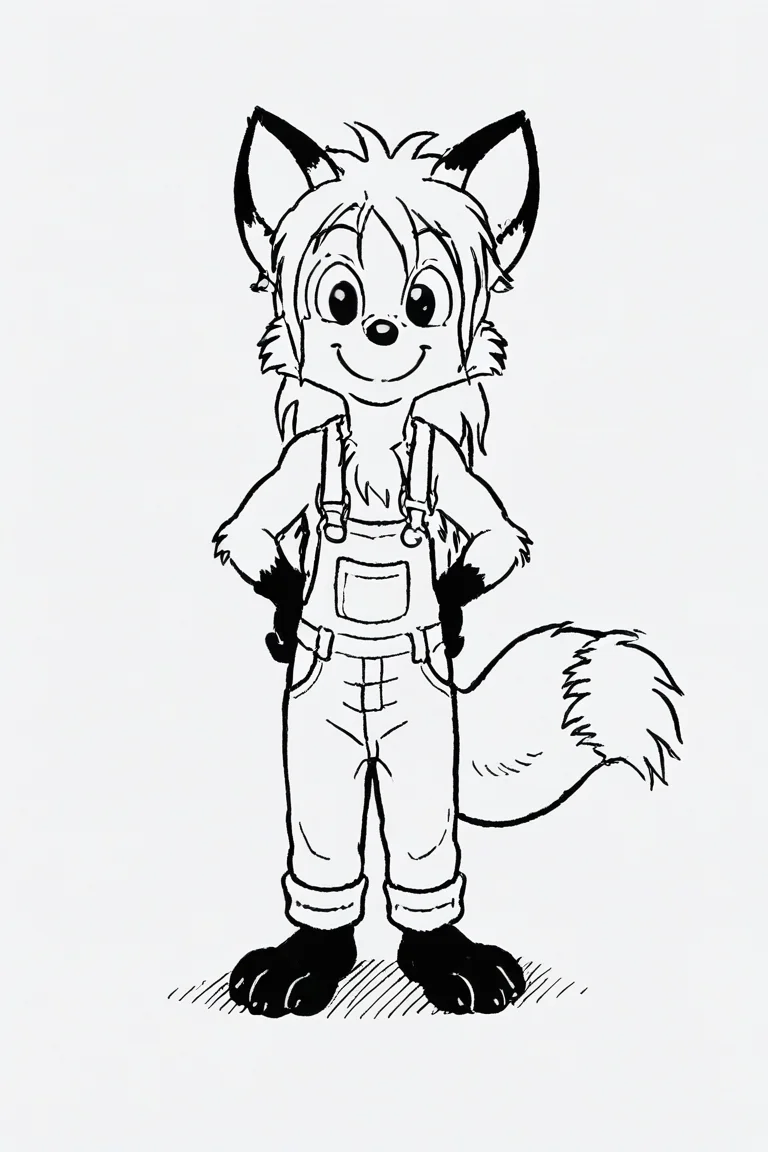 1girl, solo, dwarf, fox, black eyes, suspenders, overalls, spiked tuft, hair tuft, ponytail, big hair, pointy nose, black nose, black paws, black and white, white background,
<lora:Millie_from_Ozy_and_Millie_90_style:0.9>
smiling, standing, happy,