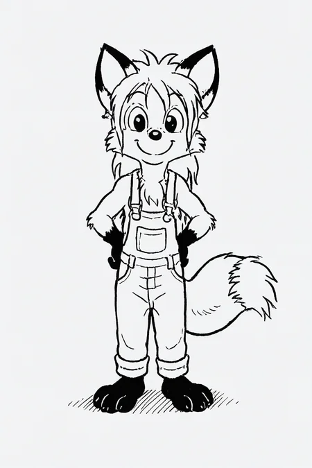 1girl, solo, dwarf, fox, black eyes, suspenders, overalls, spiked tuft, hair tuft, ponytail, big hair, pointy nose, black nose, black paws, black and white, white background,
<lora:Millie_from_Ozy_and_Millie_90_style:0.9>
smiling, standing, happy,