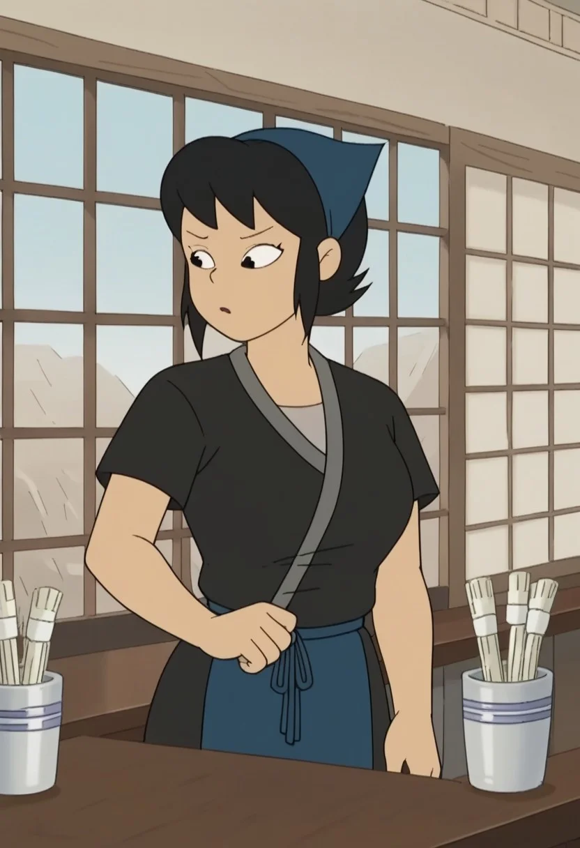 score_9, score_8_up, score_7_up, source_anime, anime screencap, kazumi watanabe, 1girl, solo, black hair, short hair, black eyes,large breasts, apron, japanese clothes, kimono, black shirt, shirt,head scarf,short sleeves, indoor,