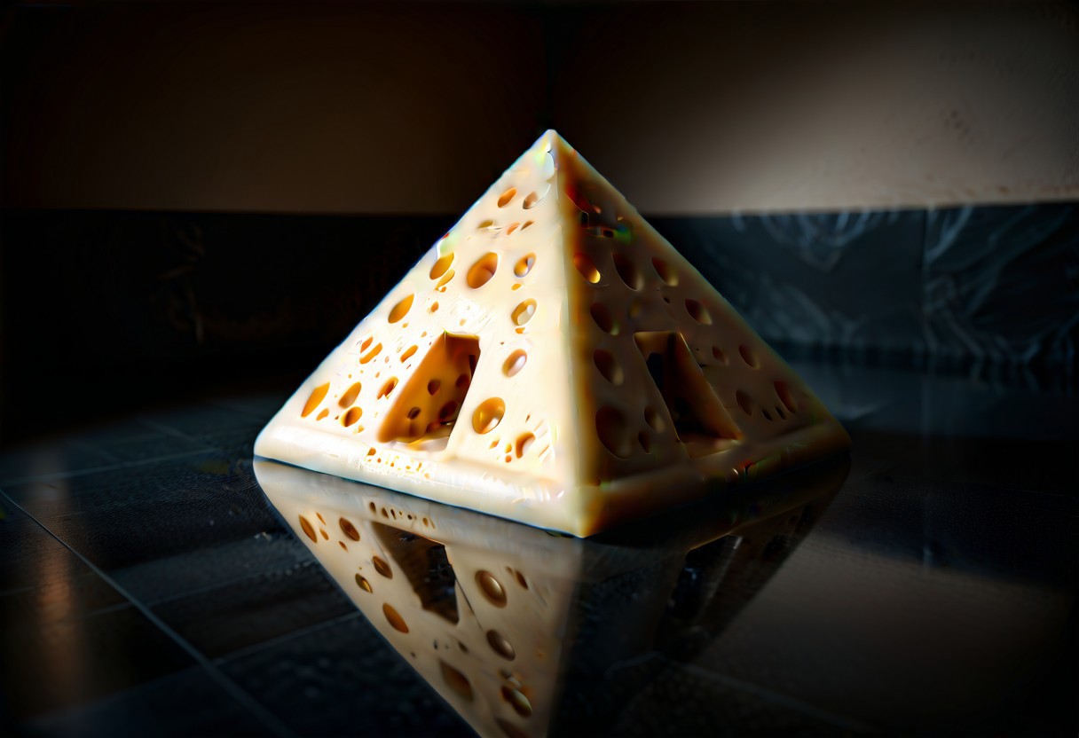 lazypos, Cheese style, pyramid next to cube next to ball, reflective floor, simple background