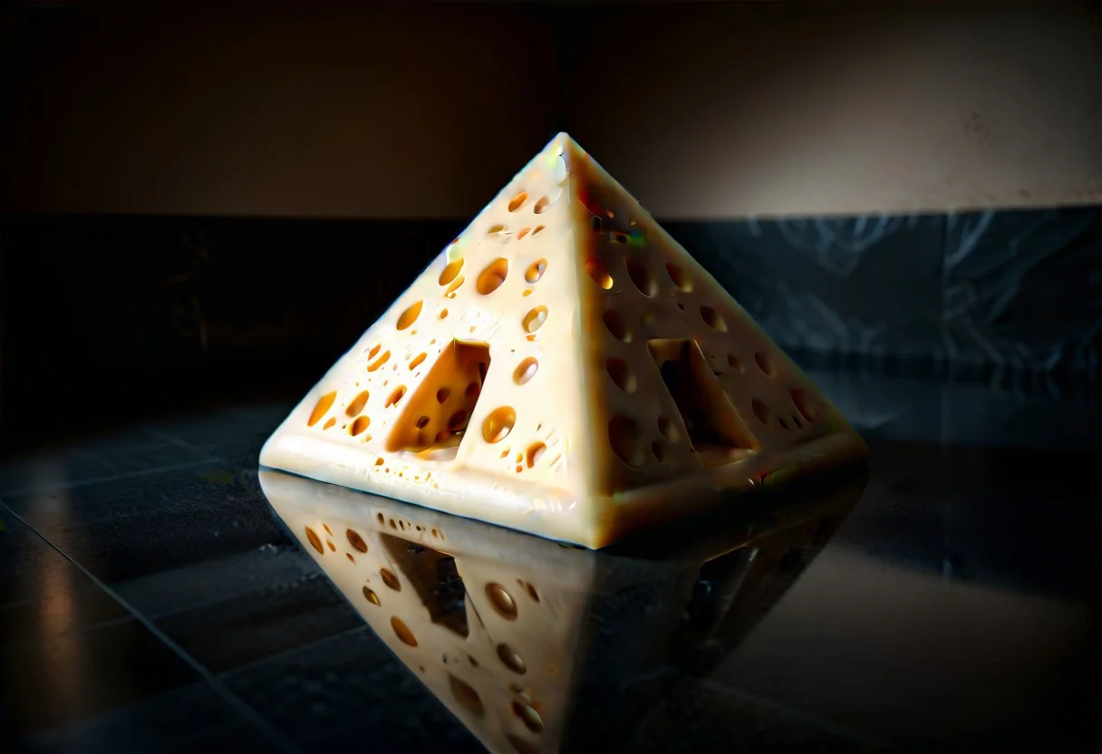 lazypos, Cheese style, pyramid next to cube next to ball, reflective floor, simple background
