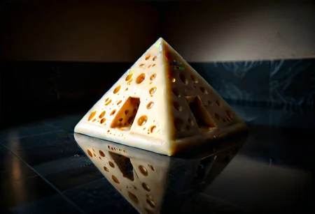 lazypos, Cheese style, pyramid next to cube next to ball, reflective floor, simple background