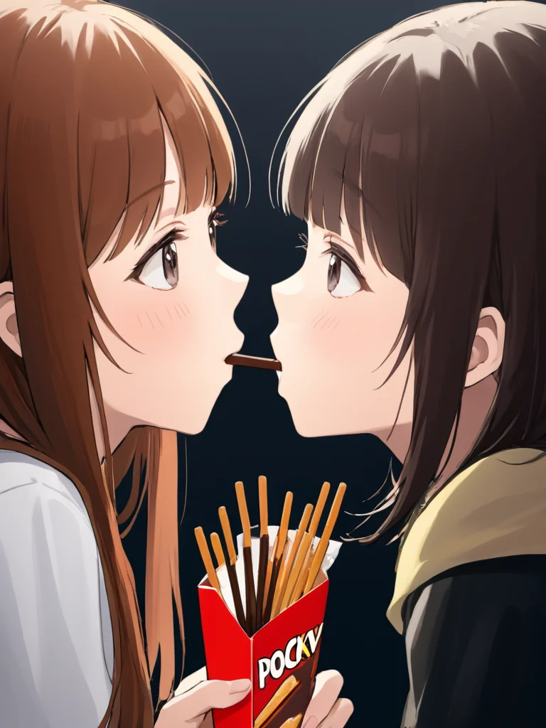 <lora:npc_xl_pocky:1>2girls, playing Pocky game, pocky, pocky day, food in mouth, shared food,