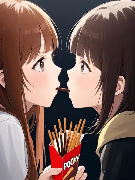 <lora:npc_xl_pocky:1>2girls, playing Pocky game, pocky, pocky day, food in mouth, shared food,