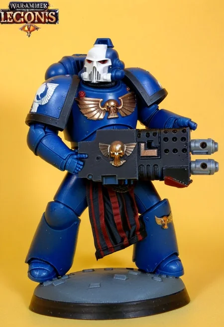 Score_9_up, absurdres, source: GamesWorkshop, grimdark, gothic horror, an adeptus astartes Ultramarines space marine in armor and helmet wielding a melta