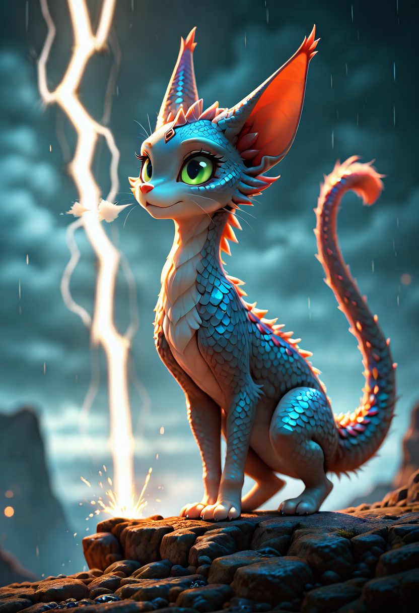 masterpiece, best quality, 1girl, solo, eyelashes, (beautiful eyes),    DracoCat, standing on a cliff, wind blowing fur, green eyes glowing in the darkness, tail raised, full body, stormy sky, lightning flashing, rain pouring, dramatic lighting, intense atmosphere, depth of field, blurry background    ,<lora:DracoCatIXL:1.0>,