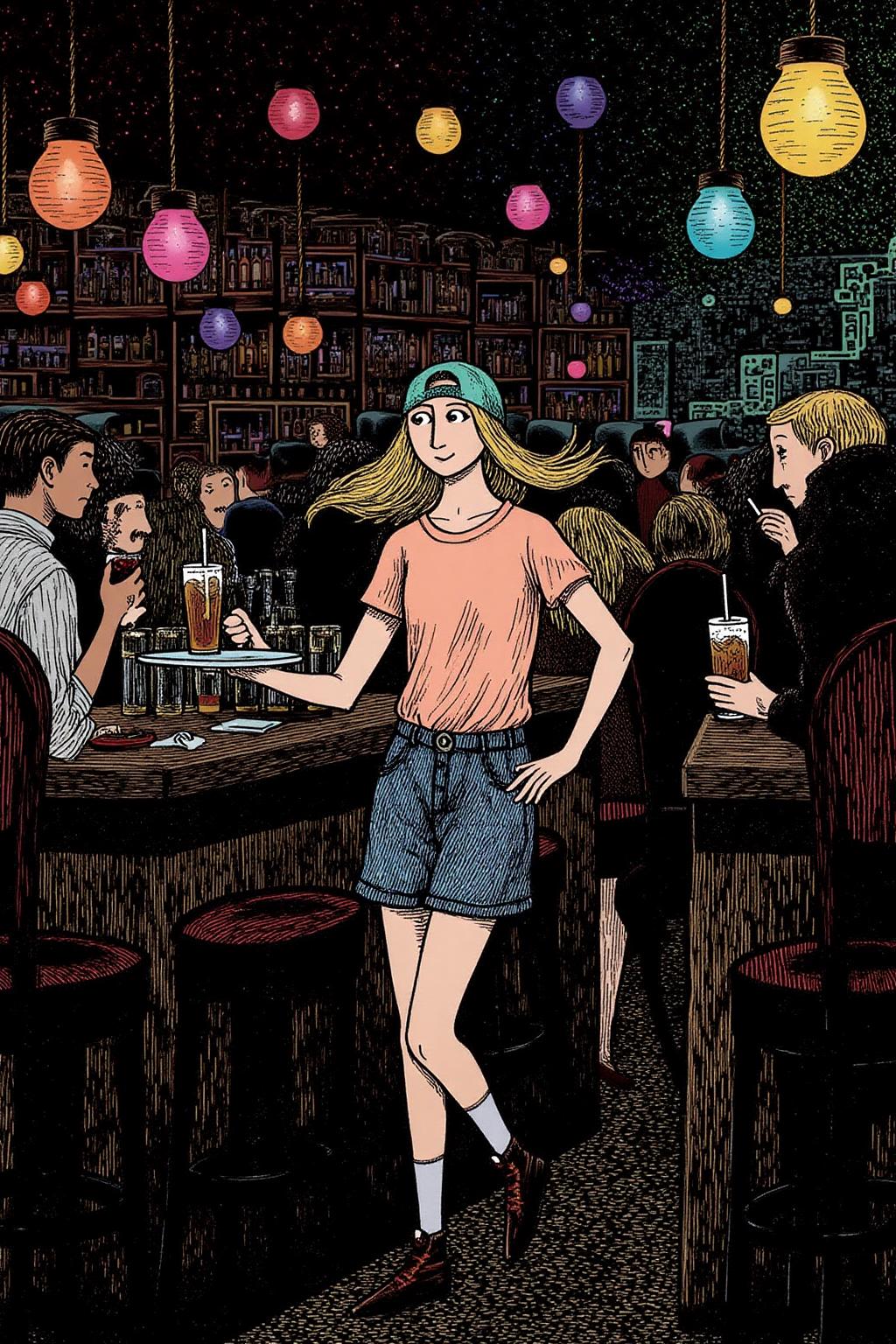 edwardgorey1 illustration.
The air buzzes with the energy of a busy bar, a mix of music, conversation, and the clinking of glasses. A barmaid, the embodiment of youthful vibrancy, navigates the lively scene. She wears a peach-coloured T-shirt, the soft fabric contrasting with the smooth, cold glass of coke she carries on a small tablet. Her short skirt adds a playful touch, and a backwards baseball cap hints at a carefree attitude. The setting and atmosphere are palpable: the warm, slightly sticky surface of the bar counter under her fingertips, the dim, colourful lighting that casts playful shadows. Sensory details are abundant: the condensation forming on the glass of coke, the texture of her denim skirt, and the way the bar lights catch the highlights in her hair. Her confident stride, her quick smile, and her efficient movements. Stylistically, the image draws inspiration from the vibrant, candid shots of nightlife photographers, with a touch of the stylized realism found in contemporary illustration. There's a deliberate contrast between the barmaid's youthful energy and the slightly worn, lived-in atmosphere of the bar, creating a dynamic and engaging image. <lora:edwardgorey1_d8a4e11:1.0><lora:868156105400818245:0>