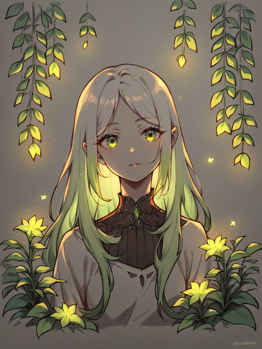 score_9, score_8_up, score_7_up, score_6_up,  <lora:c0l0urgl0wXLP:1> c0l0urgl0w, 1girl, long hair, green, plants