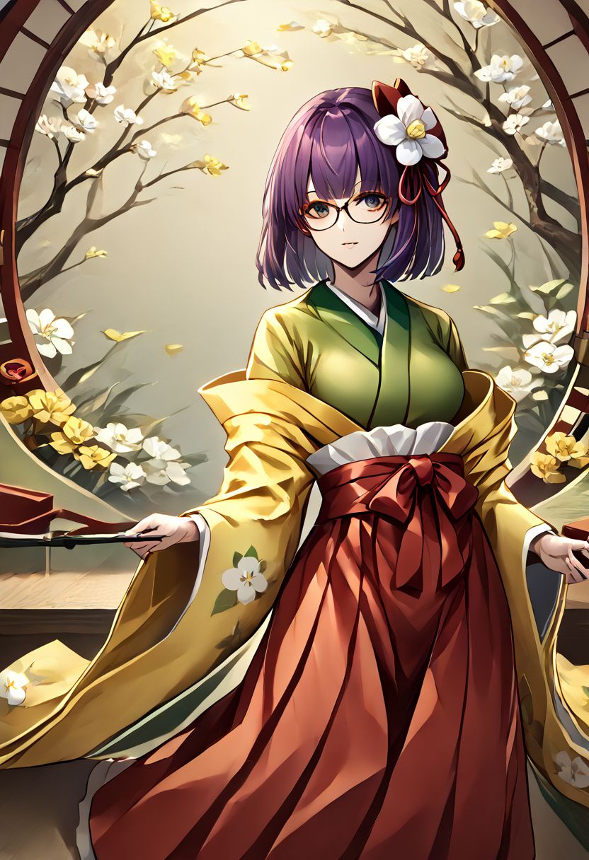 1girl, akyuu, hieda_no_akyuu, bespectacled, glasses, hair_flower, green_kimono, long_sleeves, wide_sleeves, white_flower, red_skirt, yellow_kimono, floral_print, 
masterpiece, best quality, very aesthetic, absurdres,