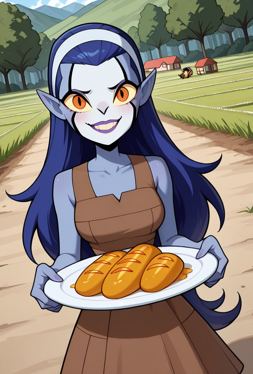 <lora:rookshar-10:1> rookshar, blue hair, colored skin, yellow sclera, long hair, 1girl, purple lips, white hairband, pointy ears, brown dress, sleeveless, , stripped dress, smile,  sharp canines, teeth, looking at viewer, holding plate full of food,  farm, masterpiece, best quality, amazing quality, very aesthetic, absurdres, newest,