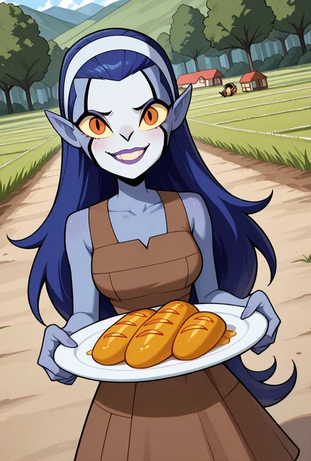 <lora:rookshar-10:1> rookshar, blue hair, colored skin, yellow sclera, long hair, 1girl, purple lips, white hairband, pointy ears, brown dress, sleeveless, , stripped dress, smile,  sharp canines, teeth, looking at viewer, holding plate full of food,  farm, masterpiece, best quality, amazing quality, very aesthetic, absurdres, newest,