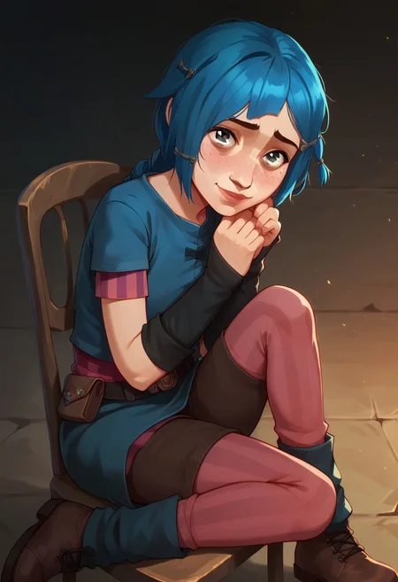 score_9, score_8_up, score_7_up, score_6_up, score_9, score_8_up, score_8, ultra detailed, semi realistic, 1 girl, solo, 
PowderJinx, blue hair, cutting hair, asymmetrical bangs, bangs, hairclip, hair ornament, short hair, single braid, side braid, braided ponytail, grey eyes, freckles,
shirt, blue shirt, short sleeves, striped sleeves, pink sleeves, arm warmers, black arm warmers, blue skirt, showgirl skirt, skirt, belt, pants, brown pants, short pants, leggings, pink leggings, leg warmers, blue leg warmers, shoes, brown shoes,
siting on chair, smiling, hands on chest, shy expression, blush, red face, looking at viewer,