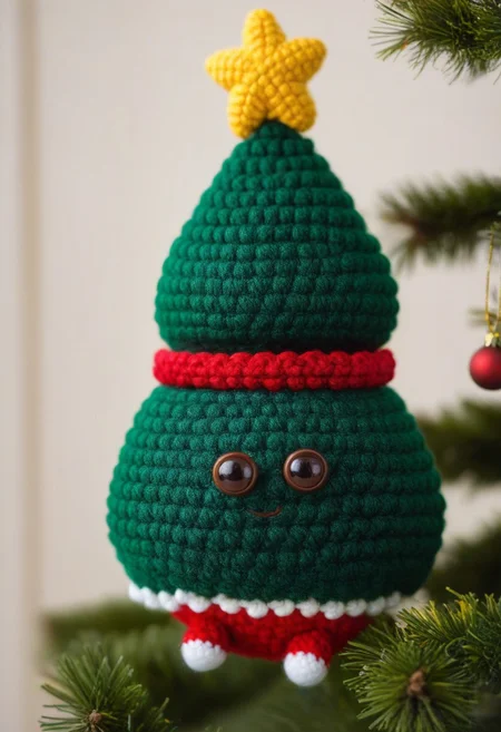masterpiece, award-winning, solo focus, highly detailed, Christmas tree toy, funny, Amigurami, no hand,