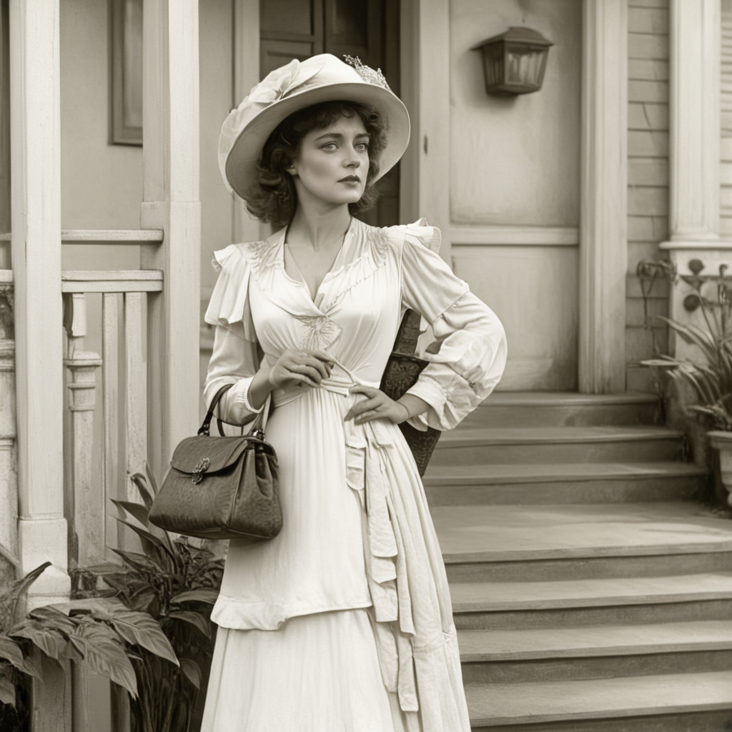 <lora:1900s_Drama_MovieSDXL:1> ArsMovieStill, movie still from a 1900s drama movie, The image shows a woman in a white dress and hat standing on the steps of a house holding a handbag in her hand. The house has a door pillars and a wall and there are plants in the background., 1girl, monochrome, solo, hat, dress, greyscale, stairs, sun hat, realistic, handbag