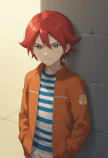 score_9, score_8_up, score_7_up, source_anime, highly detailed, 1boy, solo, male_focus, skinny, slender,
hiroto2, 1boy, solo, male focus, red hair, green eyes, jacket, orange jacket, open jacket, striped shirt,
outdoor