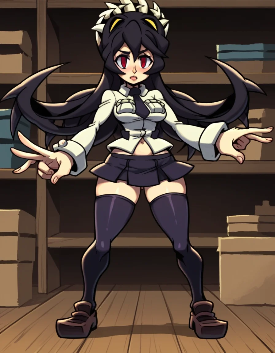 score_9, score_8_up, score_7_up, source_anime, <lora:skullgirls-filia-ingame-ponyxl-lora-nochekaiser:1>, filia, long hair, black hair, red eyes, prehensile hair, extra mouth, skirt, thighhighs, navel, school uniform, necktie, black thighhighs, miniskirt, zettai ryouiki,, warehouse, storage, shelves, boxes, large, , v, v over eyes,, looking at viewer, solo,, dutch angle, cowboy shot