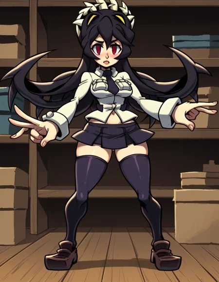 score_9, score_8_up, score_7_up, source_anime, <lora:skullgirls-filia-ingame-ponyxl-lora-nochekaiser:1>, filia, long hair, black hair, red eyes, prehensile hair, extra mouth, skirt, thighhighs, navel, school uniform, necktie, black thighhighs, miniskirt, zettai ryouiki,, warehouse, storage, shelves, boxes, large, , v, v over eyes,, looking at viewer, solo,, dutch angle, cowboy shot