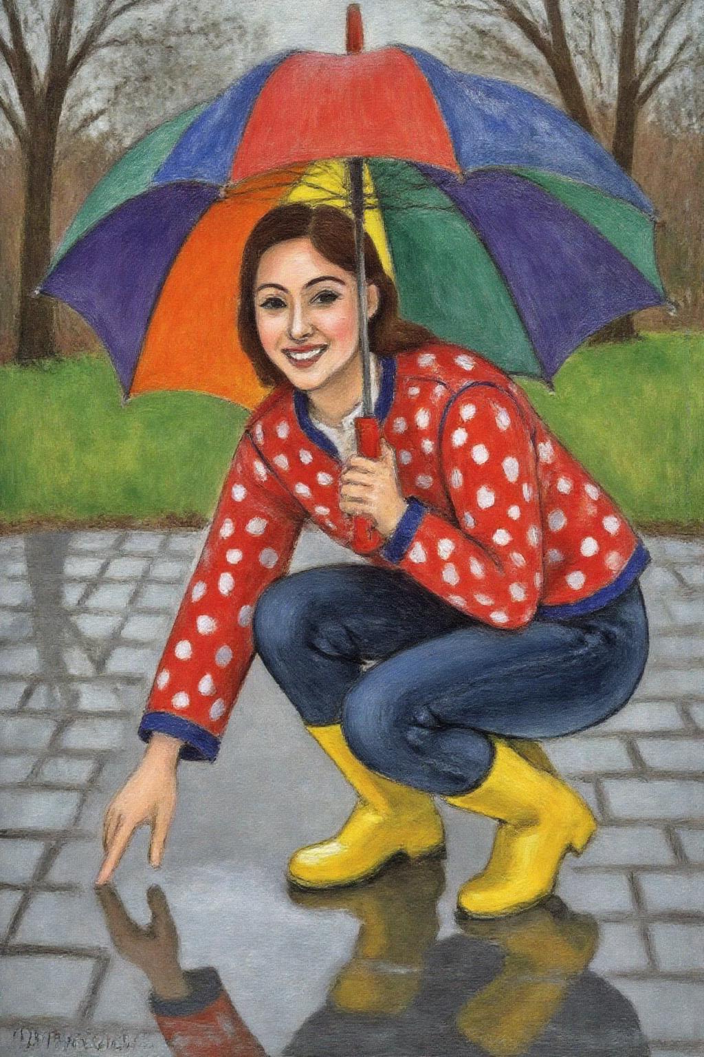 henrimatisse1 painting. 
A young woman, angled from slightly above and to the right, crouching low to the ground in a puddle. The young woman is wearing bright yellow rubber boots and a red jacket with white polka dots. The jacket sleeves are pushed up to reveal blue cuffs. The young woman also wears dark blue jeans and has a smile on her face as she extends her right index finger to touch the water in the puddle. She holds a large, open umbrella with rainbow-colored panels and a red handle over her. The ground is wet and paved with grey stones, reflecting the sky and umbrella. The background is slightly blurred, showing hints of green grass and trees. The lighting is overcast and diffused, typical of a rainy day. <lora:henrimatisse1_f16e11:1.0><lora:870971814019363217:0>