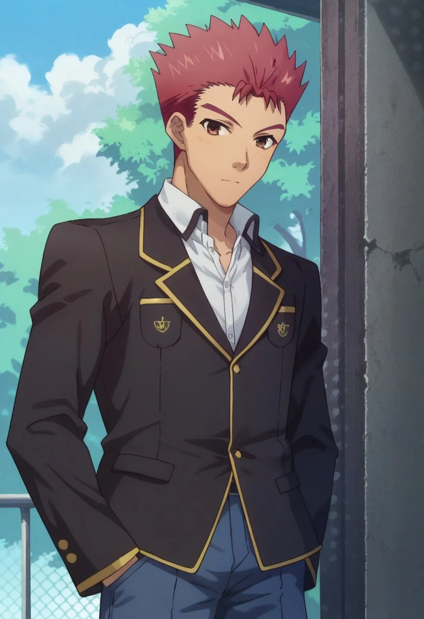 score_9, score_8_up, score_7_up, source_anime, highly detailed,
yujisakamoto, 1boy, male focus, red hair, solo, school uniform, spiked hair, brown eyes,
upper body, shirt, white shirt, jacket, black jacket, long sleeves, pants, blue pants
outdoor, sky, tree