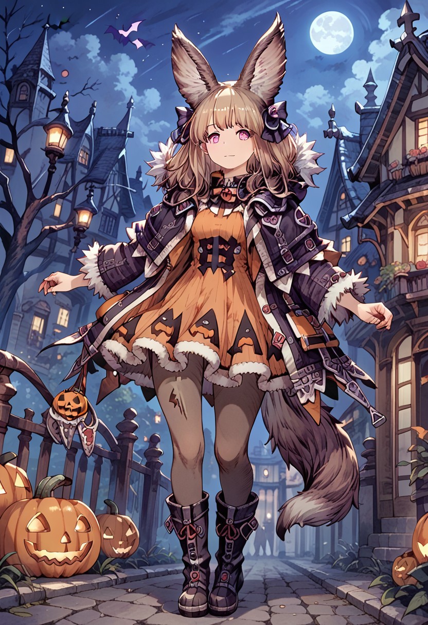 score_9, score_8_up, score_7_up, source anime, highly detailed, hweenleela, 1girl, animal ears, solo, pantyhose,tail, hween_dress, boots, fur trim, outside, night, halloween