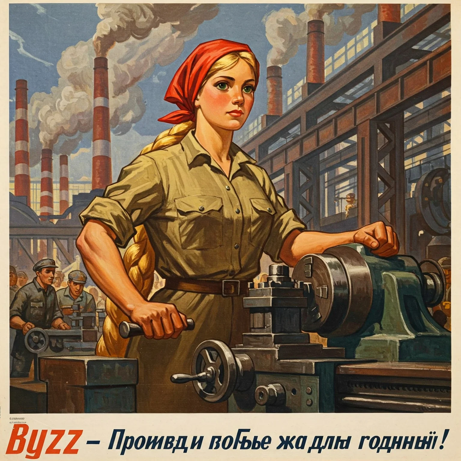1960s Soviet propaganda poster in bold Socialist Realism style. Rapunzel, reimagined as a heroic industrial worker, operates a heavy lathe in a bustling factory. Her signature golden braid is tightly coiled beneath a red headscarf, and she wears a khaki jumpsuit with rolled sleeves. The background features smoke-belching chimneys, steel girders, and comrades working in rhythm. Her expression is resolute, lit by dramatic chiaroscuro lighting. The palette is dominated by reds, rusts, and steel blues. Below, in strong Cyrillic type, the slogan reads: “Buzz - Производи больше шума для Родины!” 