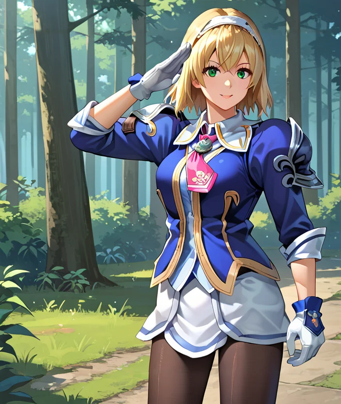 score_9, score_8_up, score_7_up, score_6_up, score_5_up, score_4_up, (source_anime:1.3),(masterpiece:1.3), (high quality:1.3),(1girl: cassandra_sc3,blonde hair,short hair,green eyes,hairband,blue jacket,pink necktie,shoulder armor,white gloves,white skirt,pantyhose,salute, ), (forest:1.1), <lora:Cassandra_Alexandra_SC3SC2:1>
