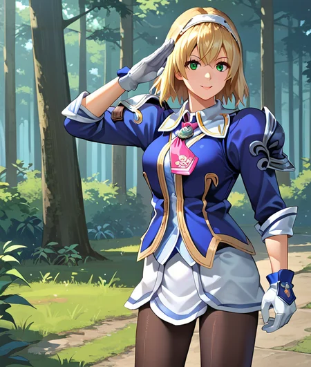 score_9, score_8_up, score_7_up, score_6_up, score_5_up, score_4_up, (source_anime:1.3),(masterpiece:1.3), (high quality:1.3),(1girl: cassandra_sc3,blonde hair,short hair,green eyes,hairband,blue jacket,pink necktie,shoulder armor,white gloves,white skirt,pantyhose,salute, ), (forest:1.1), <lora:Cassandra_Alexandra_SC3SC2:1>