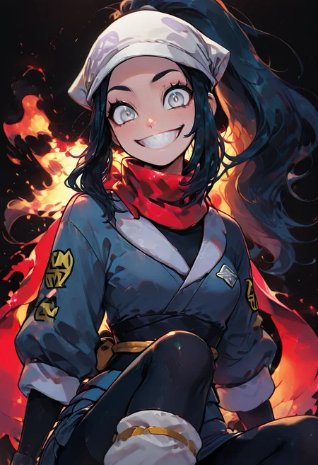 (masterpiece, best quality, good quality, very aesthetic, absurdres, newest:1.2),  zzAkari, grey eyes, eyelashes, black hair, long hair, white headwear, sidelocks, ponytail, black pantyhose, black undershirt, jacket, loose socks, pantyhose, red scarf, sash,  ,<lora:AkariPokemon_IXL_v2:1.0>,, smile, looking at viewer,  (upper body), multicolored hair, grin, sharp teeth, abstrack colors, (glowing), black background,  ,<lora:GlowingNightmare_NAI:1.0>,