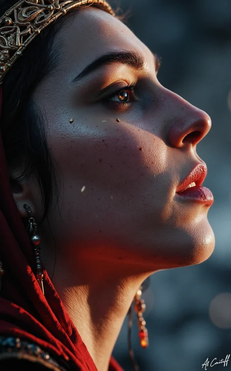 A close-up of a woman's profile, with her face tilted upwards, wearing a intricately embroidered golden headdress and a crimson silk hood pulled over her head, partially obscuring her features. Her lips are pursed, and her nostrils are flared as if she's about to take a deep breath. The woman's skin has a subtle, almost imperceptible texture, giving her an otherworldly appearance. Warm, golden light spills onto her face from a high angle, casting a dramatic shadow on her cheekbone. The background is a blurred, gradient sky with hues of deep blue and purple, evoking a sense of vastness and mystery., l1n0c2t, fg<lora:CustomFlux/MysticRealism.safetensors:1.0000000000000002:1.0000000000000002> <lora:CustomFlux/MysticFantasy.safetensors:0.25000000000000006:0.25000000000000006> <lora:Flux/Linocut - s1 g4.safetensors:0.25000000000000006:0.25000000000000006> <lora:Flux/Stylized-Super-Texture.safetensors:0.5000000000000001:0.5000000000000001>
