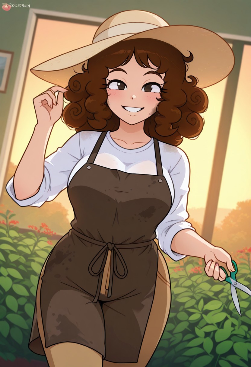 high res, extremely detailed, beautiful lighting, sunset, greenery,huge garden, indoors, 1female (blushed, smiling), dirty apron, white shirt, dirty shirt sun hat, curly hair, brunette), brown pants, dynamic angle, face closeup, cowboy shot, taking care of plants, garden scissors,, flowers, looking at viewer