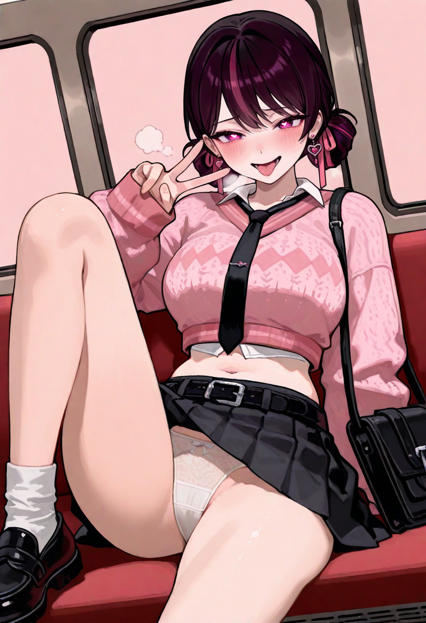 uncensored, large breasts, detailed body, detailed eyes, narrow waist, (dutch angle, dynamic pose:1.2), cowboy shot,
mature female, korean, korean idol, (mature eyes:1.2),
(pale skin:1.1), (blush:1.2), (looking at viewer:1.1), naughty face, ahegao, heart-shaped pupils,
indoors, subway, sitting, spread legs, white panties, window, v, upskirt, skirt lift,
(1girl, solo:1.1), pink background, simple background,
complexion, healthy glow, long waist, long legs, breath, knee up, long necktie,
masterpiece, best quality, good quality, newest, very aesthetic, absurdres,
<lora:ë¥´ì°ì_ì£¼ë¥´ë¥´:0.7> ruyeonsi, purple hair, pink streaked hair, pleated skirt, heart earrings, collared shirt, pink sweater, hair behind ear, midriff, shoulder bag, belt, sweater, long necktie, black necktie, pink ribbon, hair ribbon, miniskirt, navel, diamond pattern, silver tie clip, socks, black footwear,