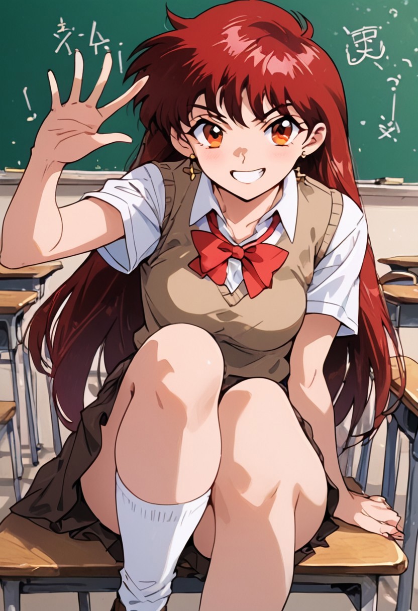 1990s (style), 1990s \(style\), source_anime, official style, PonyXLV6_Scores, masterpiece, ultra detailed, best quality, beautiful face, perfect anatomy, anatomically correct, detailed eyes, <lora:xl_more_art-full_v1:0.7>, <lora:Detailed_anime_style:0.4>, <lora:LCM&TurboMix:1.0>, <lora:Expressiveh:0.5>, Expressiveh, 5 fingers, perfect hands, perfect feet, BREAK 1girl, full_body, DollMica, red hair, long hair, orange eyes, slim sexy body, medium breasts, sitting, looking at viewer, smug, grin, (OutfitSchool, (white shirt, short sleeves,), brown vest, brown skirt, white socks, brown shoes, ), cowboy shot, waving, BREAK (classroom, chalkboard, desks, chairs, no men, 1girl, solo,),