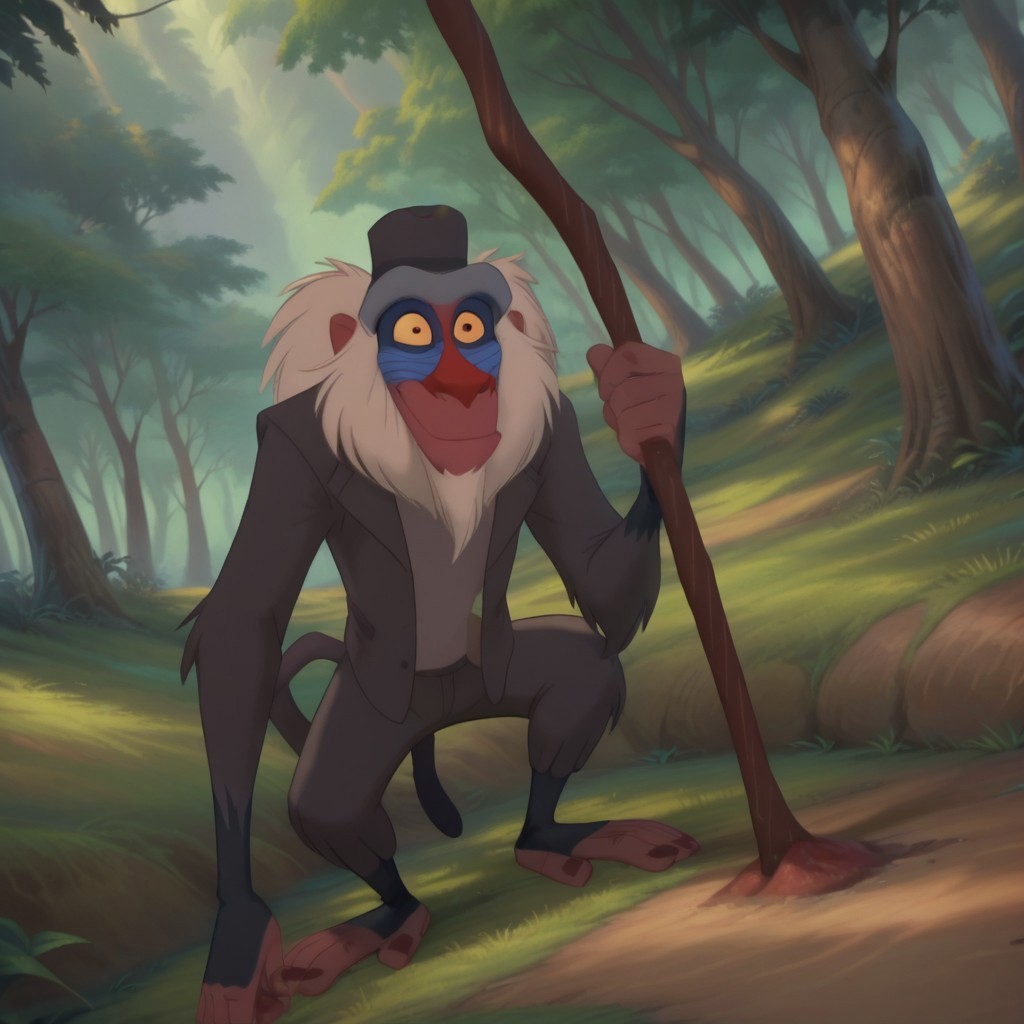 score_9, score_8_up, score_7_up, high quality, masterpiece, detailed, hi res, screencap, furry, Anthro, Rafiki, monkey, mandrill, male, fullbody, outside, forest, monkey feet, male, solo,  2 legs, 2 arms, good anatomy, (smiling:1),  standing, holds a cane, proud, nice angle, shaved feet, (good looking monkey feet:1.), light effects, jacket, trousers, top hat, big monkey feet, nice angle, tail, low angle