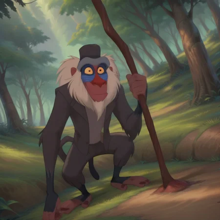 score_9, score_8_up, score_7_up, high quality, masterpiece, detailed, hi res, screencap, furry, Anthro, Rafiki, monkey, mandrill, male, fullbody, outside, forest, monkey feet, male, solo,  2 legs, 2 arms, good anatomy, (smiling:1),  standing, holds a cane, proud, nice angle, shaved feet, (good looking monkey feet:1.), light effects, jacket, trousers, top hat, big monkey feet, nice angle, tail, low angle