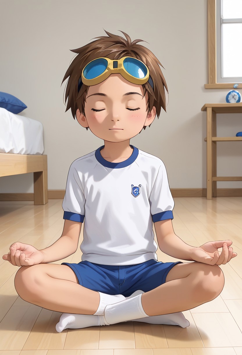 score_9, score_8_up, score_7_up, zPDXL2, 
,
1boy, solo, goggles on head, brown hair, jyojifuku, white shirt,  short sleeves, shorts, gym uniform，bedroom,hud_m3dit4tion, indian style, sitting, on floor, , , facing viewer, , closed eyes,