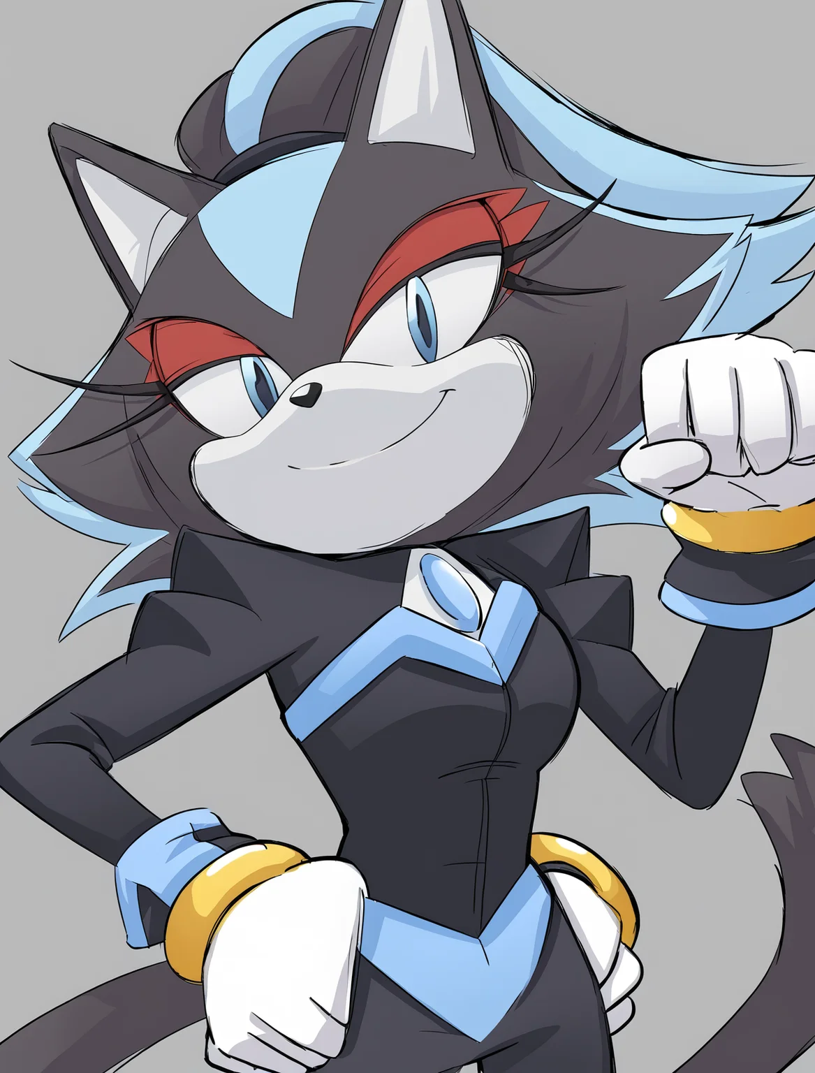 score_9, score_8_up, score_7_up, solo, BREAK, 1girl, upper body,
<lora:Blizzardthecat:1> blaze, blizzard, cat, eyelashes, makeup, tail, blue eyes, black pupils, black fur, light blue fur, white gloves, black bodysuit, eyeshadow, standing, hands on hips, smiling, <lora:p4wp0s3XLP:1>, p4wp0s3, paw pose